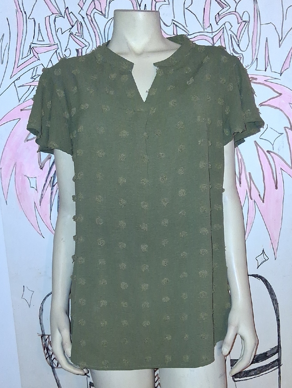 Olive Green Short Sleeve Textured V-Notch Women's Blouse